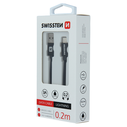 Câble textile USB-A vers Lightning 0.2m - Swissten Noir